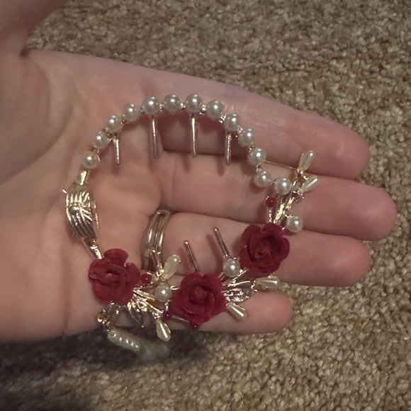 Gold Hair pin Set with Red Rose & Pearl Accents - Picture 7 of 7